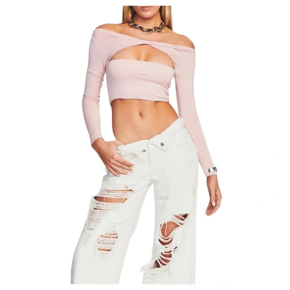 SALE‼️SER.O.YA Ellis Jersey Crop Top Sz XS Pink Cutout Twist Front Long Sleeve - Picture 4 of 5